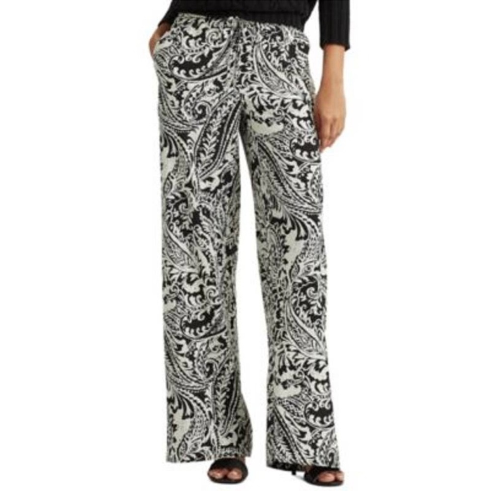 NWT Lauren Ralph Lauren Black and White Paisley Wide Leg Pants